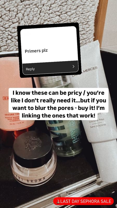 Makeup primer. Makeup routine. Sephora sale. Milk hydrogrip primer on sale. Makeup primers on sale. Laura mercier. One size makeup primer. Blur your pores. Bobbi brown vitamin enriched primer. Hyaluronic acid and niacinamide skincare enriched makeup. 

Code: YAYSAVE

#LTKsalealert #LTKbeauty #LTKxSephora