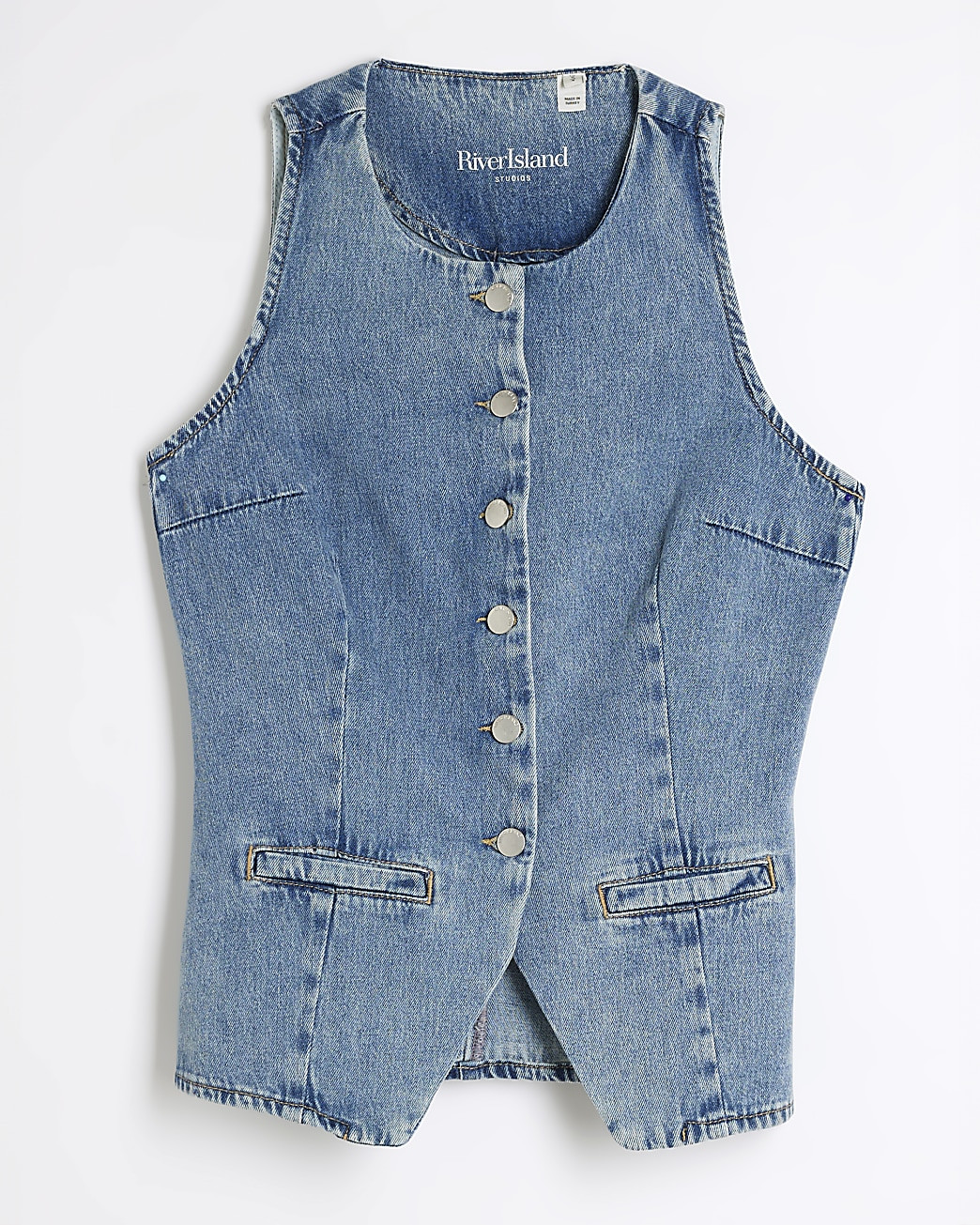 Blue High Neck Denim Waistcoat | River Island (UK & IE)