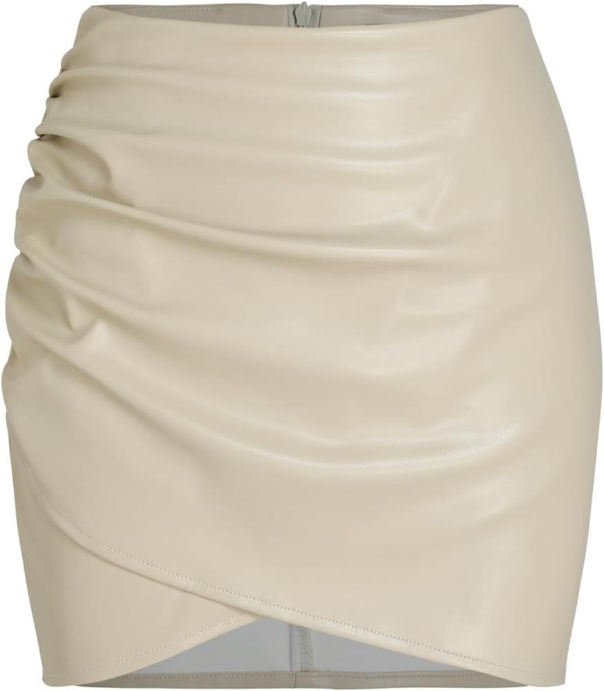 Women's Mini Skirt - Faux Leather Ruched Drawstring Mini Skort | Amazon (US)