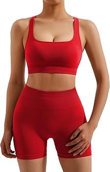 RXRXCOCO Seamless Workout Sets for Women 2 Piece Strappy Sports Bras Scrunch Butt Booty Shorts Ma... | Amazon (US)