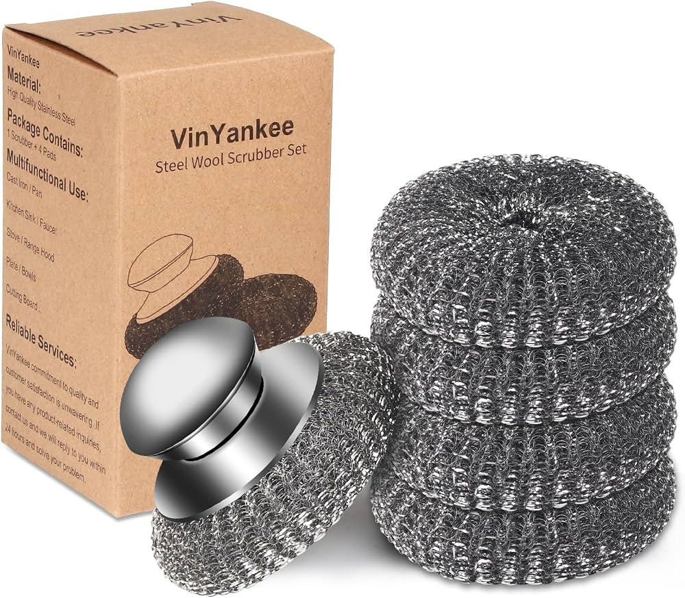 5Pcs Steel Wool Scrubber with Replacement Wire Sponge Pads Set, Stainless Steel Scrubber with Han... | Amazon (US)