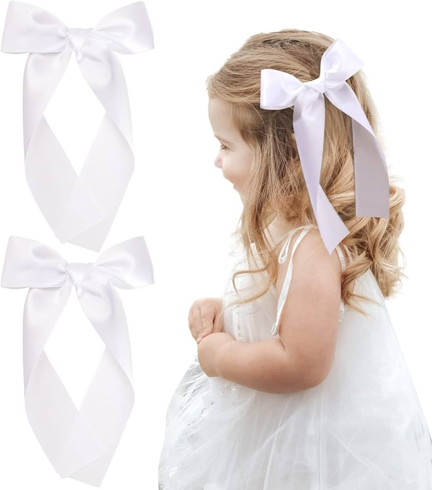 2Pcs Long Ribbon Hair Bows for Girls Hair Clip Silk Hair Bow Ribbon Hair Accessories for Baby Tod... | Amazon (US)