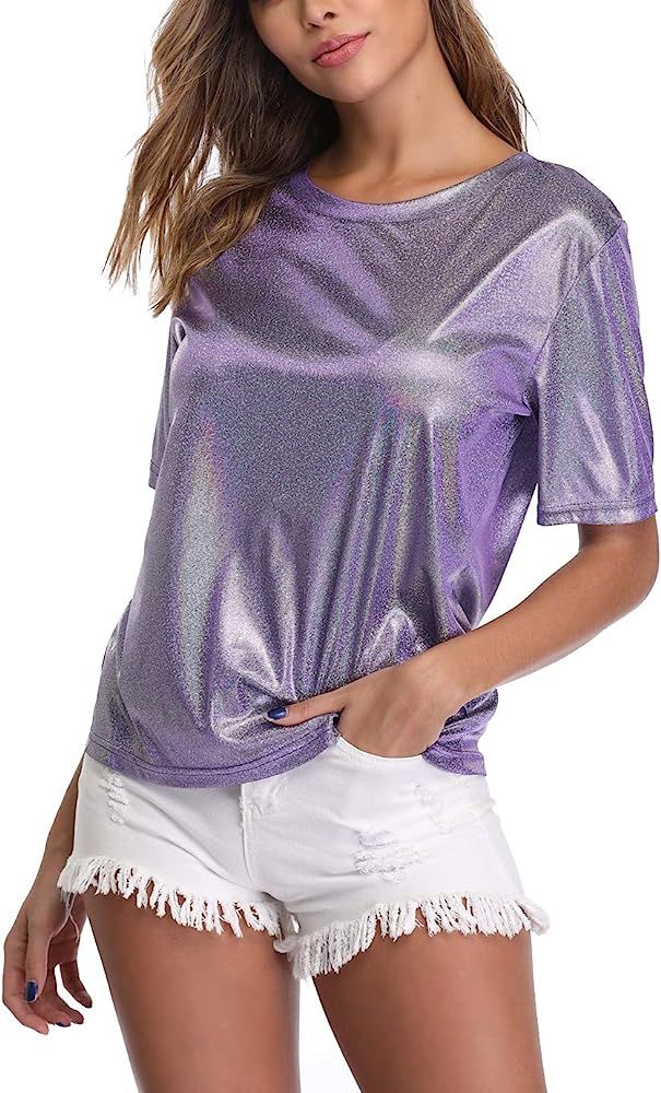 Shiny Tops for Women Metallic Holographic Shirt Party Shimmer Sparkle Disco T-Shirt | Amazon (US)