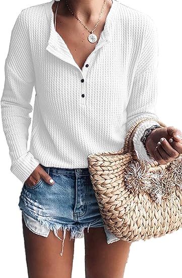 WNEEDU Women's Waffle Knit Tunic Tops Loose Long Sleeve Button Up V Neck Henley Shirts | Amazon (US)