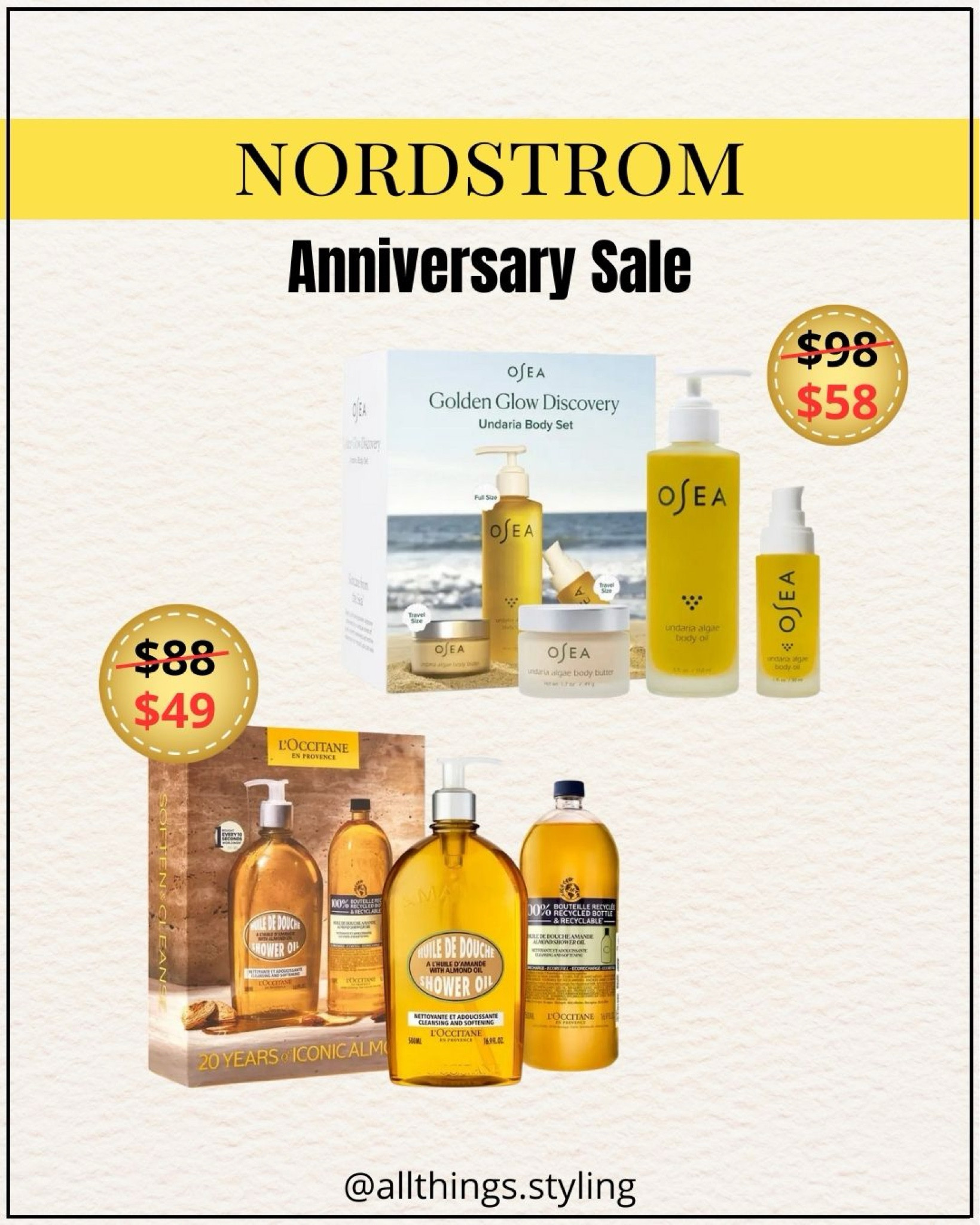 NORDSTROM Anniversary Sale Bath & Body Exclusives are so good this year.  Perfect time to stock up on my favorites ✨

Nordstrom Sale, Osea Gold Glow Discovery Set, L’Occitane Almond Shower Oil gift set, Nordstrom Beauty favorites #LTKSummerSales

#LTKOver40 #LTKxNSale #LTKBeauty