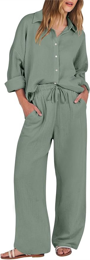 ANRABESS Women 2 Piece Outfits 2023 Long Sleeve Wide Leg Matching Lounge Sets Fashion Travel Vaca... | Amazon (US)