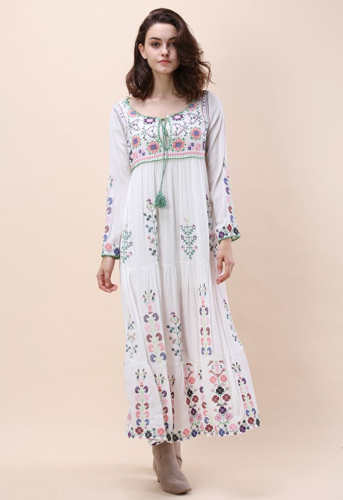 White Flowerland Embroidered Maxi Dress | Chicwish