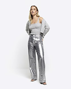 Silver high waisted straight coated jeans | River Island (UK & IE)
