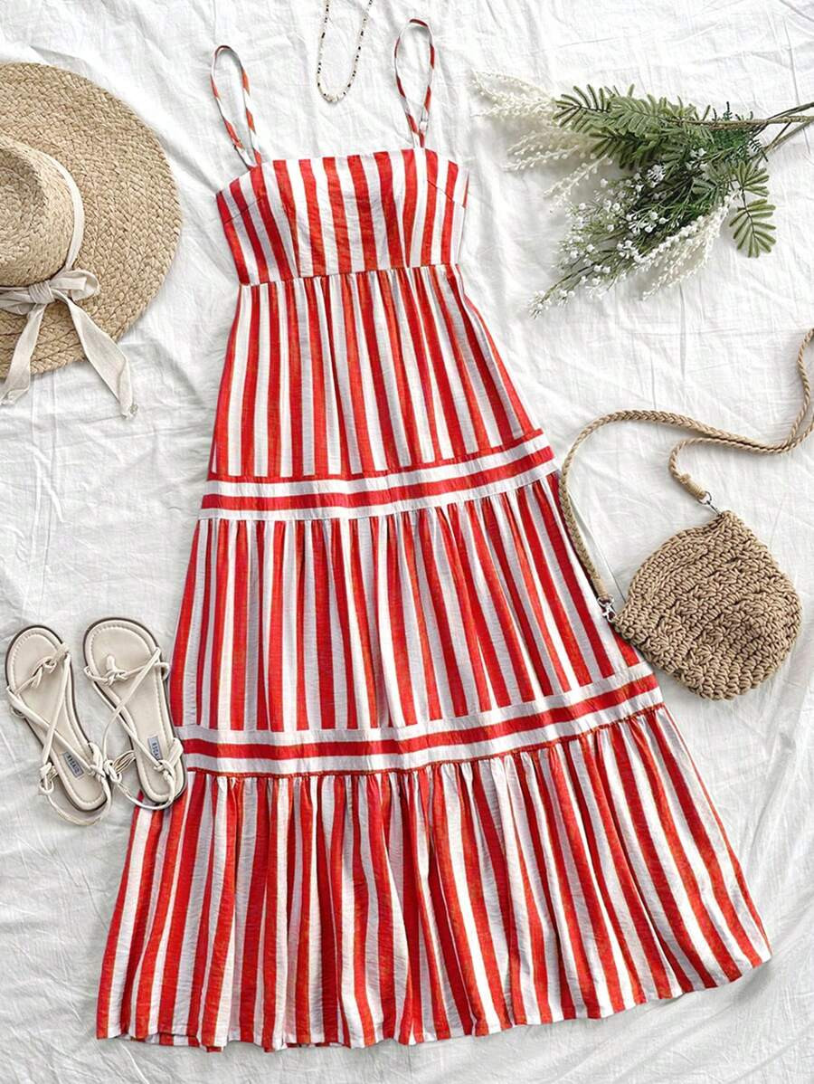 Soleia Women's Holiday Style Red & White Striped Fabric A-Line Dress, Suitable For Weddings, Beac... | SHEIN