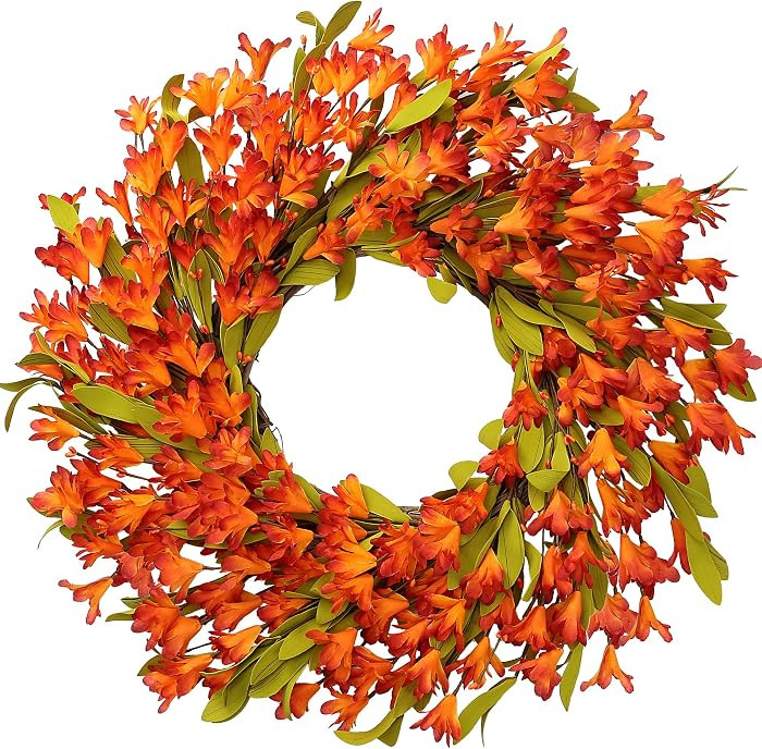 Sggvecsy Artificial Fall Wreath 22\u2019\u2019 Autumn Front Door Wreath with Forsythia Flowers Gr... | Amazon (US)