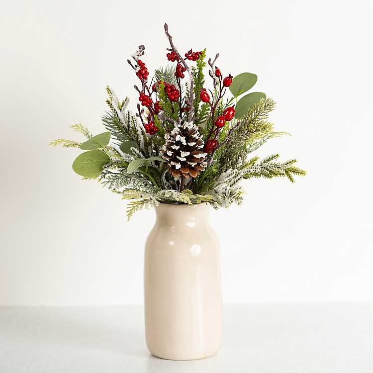 Frosty Berry Pine Arrangement in Ivory Vase | Kirkland's Home