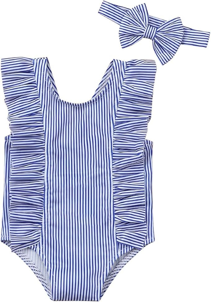 Baby Girl Bikini Striped Beach Swimsuit Ruffles Bathing Suit Swimwear+Headband 2 Pcs Set | Amazon (US)
