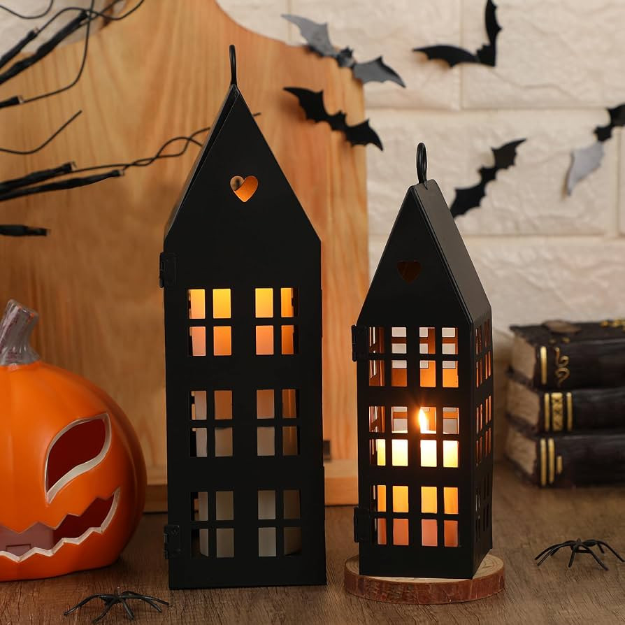 SiliFine 2 Pcs Halloween Haunted House Lanterns with 2 Candles, 9.44", 7" | Amazon (US)