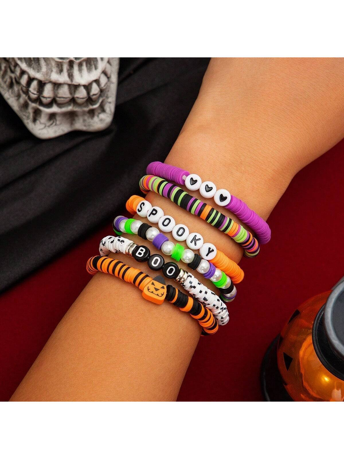 Trends6 Pcs Of Fashion Trend Simple Halloween Color Polymer Clay With Acrylic Letter Beads Beaded... | SHEIN