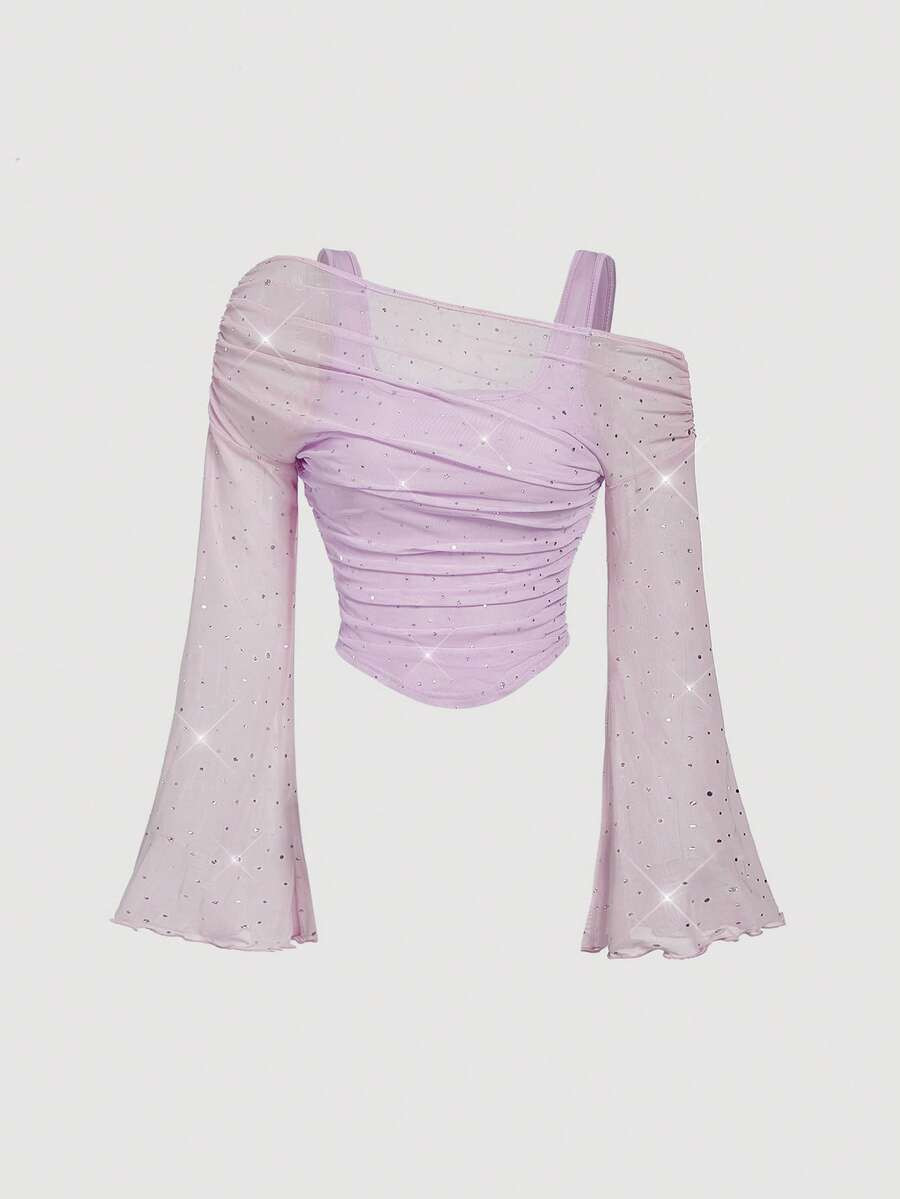 SHEIN MOD Lavender,Summer,Y2k,Party Night Fashionable Sequin Asymmetrical Shoulder Sheer Mesh 2in... | SHEIN
