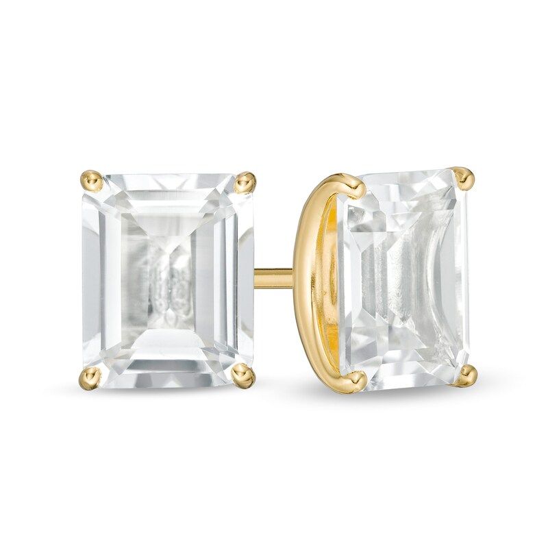 Emerald-Cut White Topaz Solitaire Stud Earrings in Sterling Silver with 18K Gold Plate|Zales | Zales
