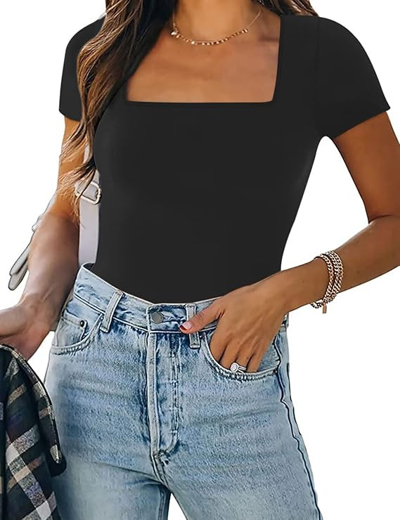 Saungkuai Women's Square Neck Notch V Neck Short Sleeve Thong Bodysuit Tops | Amazon (US)