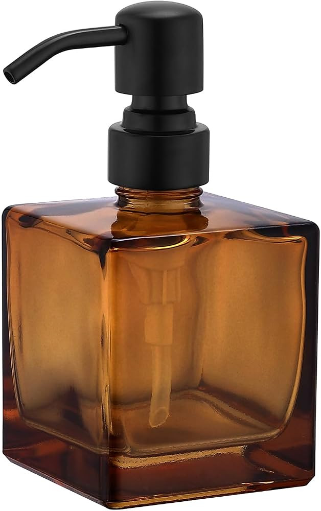 Square Bathroom Soap Dispenser Amber Bottle with Black Pump, Retangle Cube 8.4 oz Glass Bottles w... | Amazon (US)