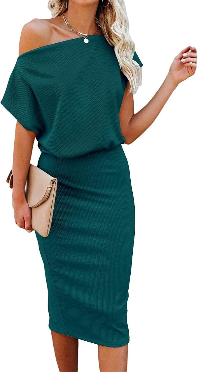 Ezbelle Women's 2023 Summer Dress Off The Shoulder Short Sleeve Ribbed Casual Party Bodycon Midi ... | Amazon (US)