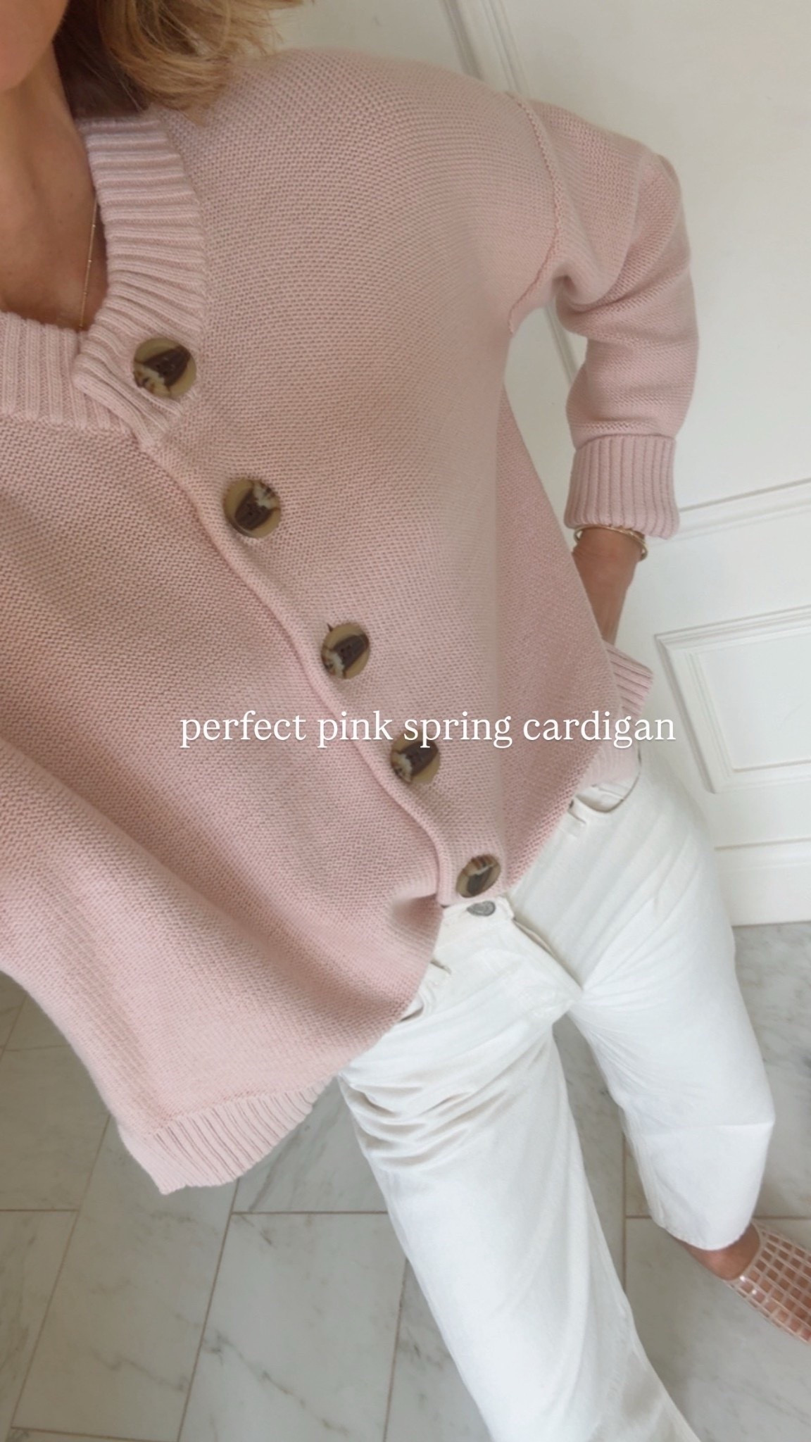 Love this pale pink cardigan and under $100. Fits tts