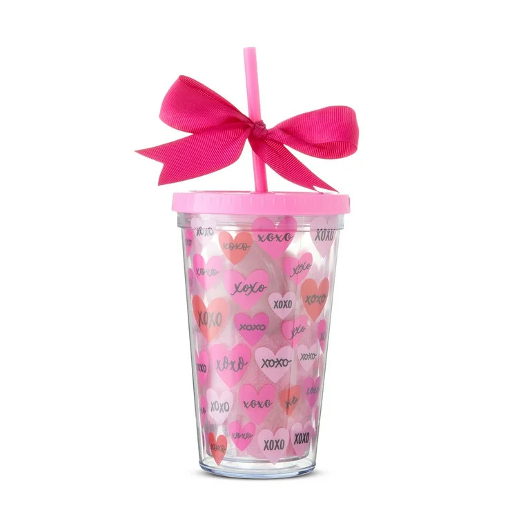 Valentine's Day Pink Heart Tumbler Gift Set, 18 oz, by Way To Celebrate | Walmart (US)