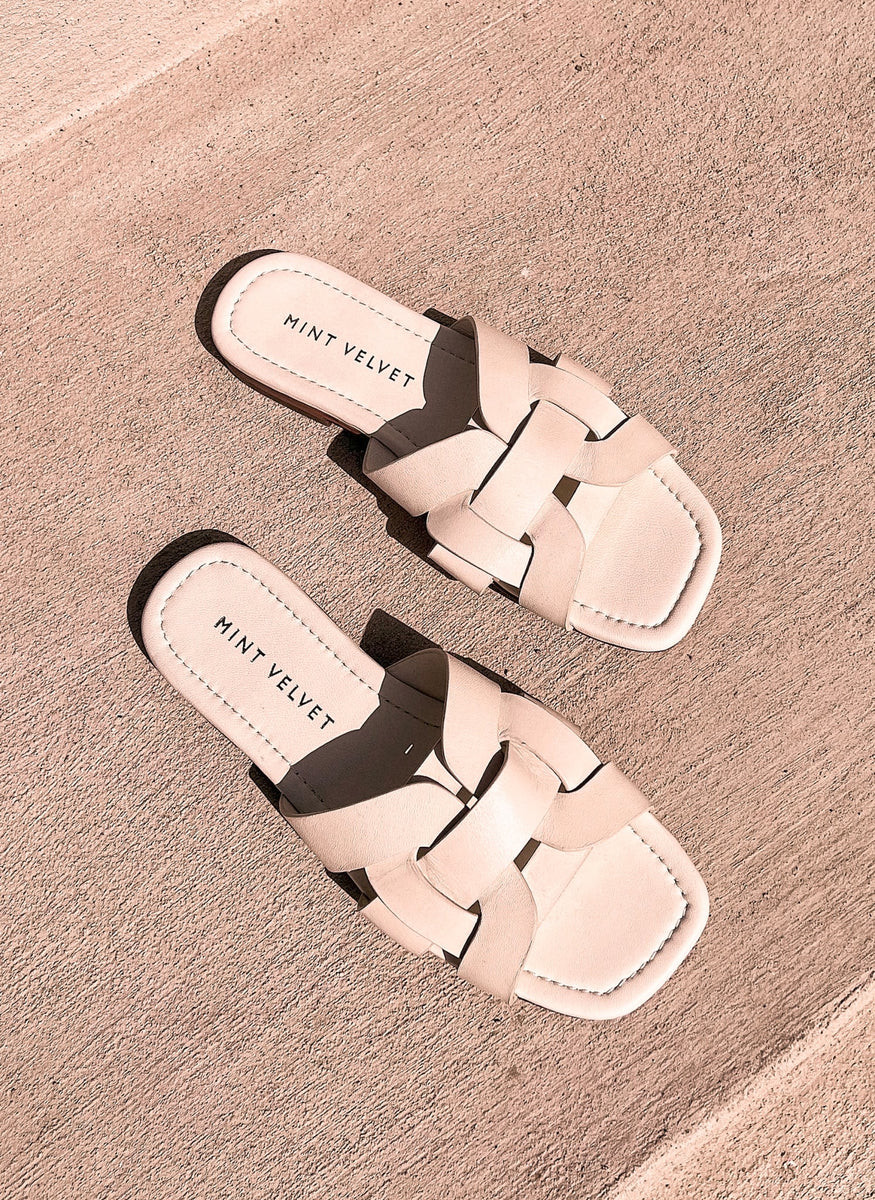 Cream Leather Woven Flat Sandals | Mint Velvet