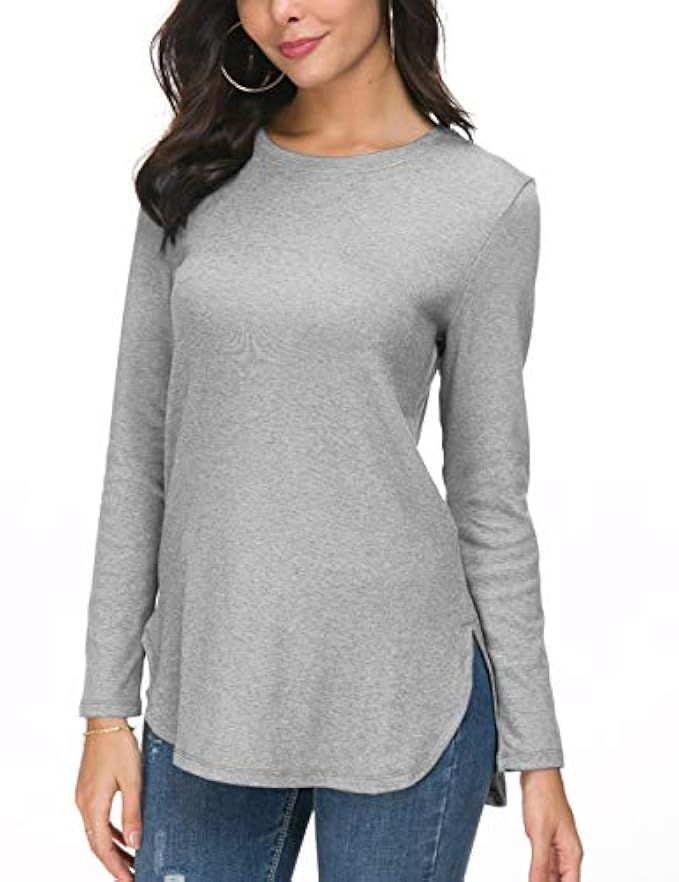 Herou Women's Round Neck Loose Casual Long Sleeve/Short Sleeve Side Split Shirt Pullover Tunic Tops | Amazon (US)