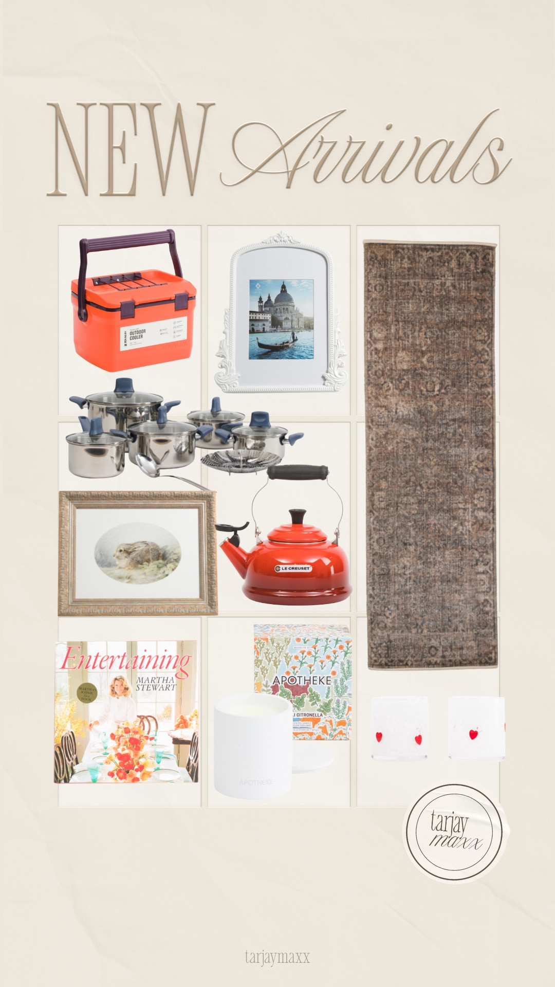 Loving these new arrivals, obsessed with that Stanley outdoor cooler—the orange is such a vibe for summer—and the classic red Le Creuset kettle. They’re those perfect "buy once, use forever" pieces that actually look cute on your counter or patio! That framed rabbit art and the Martha Stewart entertaining book are literal must-haves if you're planning on hosting any brunch dates soon! date night outfits, bedroom refresh, bella stretch wide leg jeans, patterned tights, cabbage, super bowl hosting, pegasus premium running shoe, romantic knits, valentines outfit women, lace trim, spring home decor, easter find, seasonal hosting, outdoor essentials, kitchen upgrades, patio season, coffee table styling, tablescape ideas, cottagecore aesthetic, TJ Maxx New Arrivals, TJ Maxx, TJ Maxx Finds 

 #LTKNYFW #LTKSeasonal #LTKSaleAlert