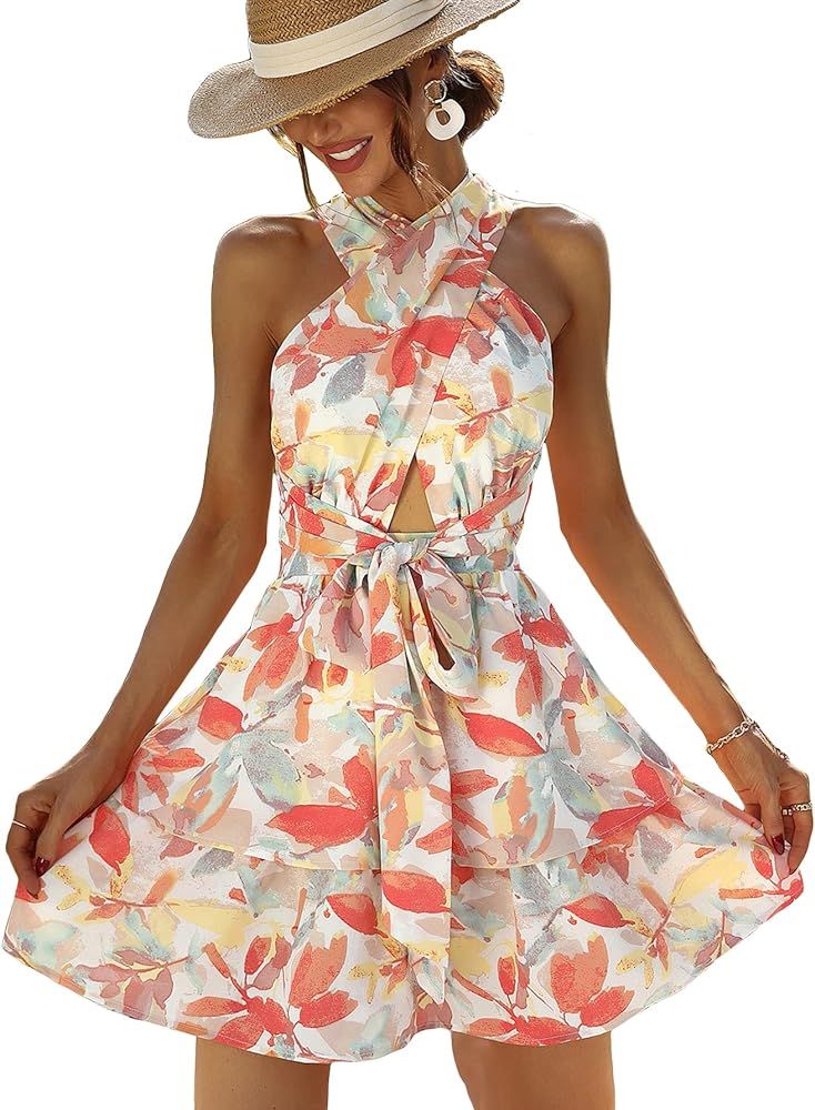 MakeMeChic Women's Boho Summer Dress Criss Cross Self Tie Halter Layered A Line Short Dress | Amazon (US)