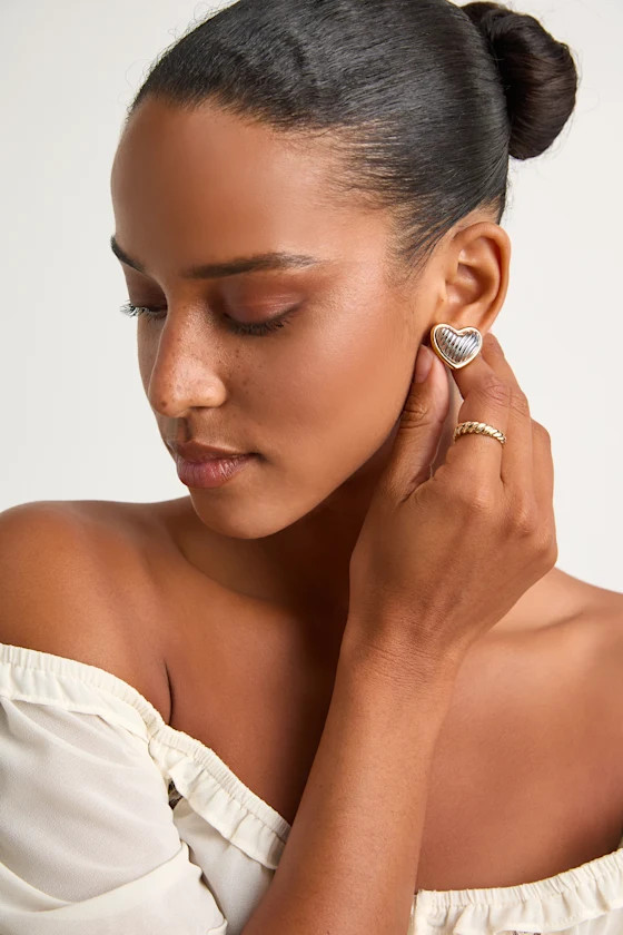 Lule Gold and Silver Heart Stud Earrings | Lulus