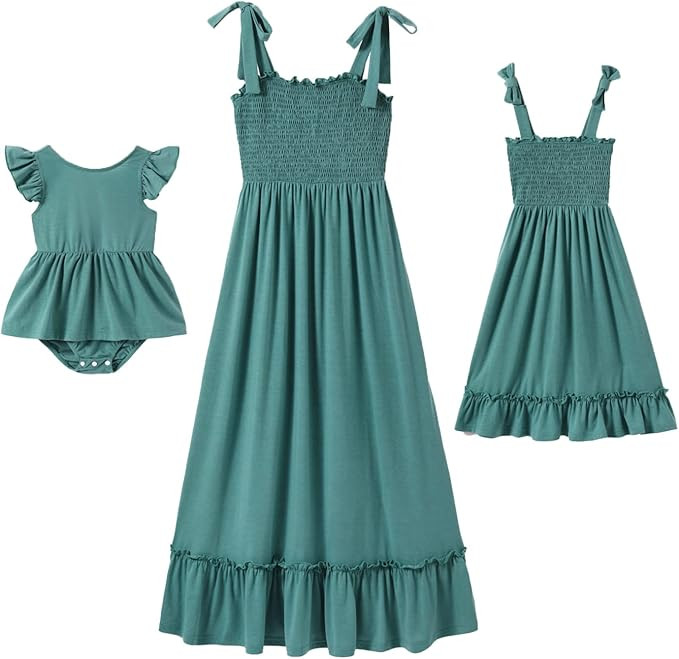 IFFEI Mommy and Me Dresses Summer Matching Outfits Spaghetti Strap Square Neck Ruffle A Line Beac... | Amazon (US)