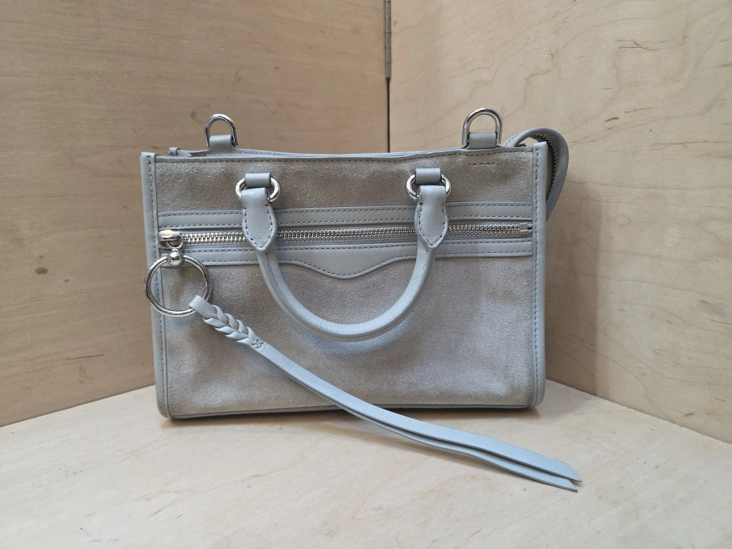 Rebecca Minkoff Micro Bedford Zip Satchel Light Grey Suede w/ Silver Hardware | eBay AU