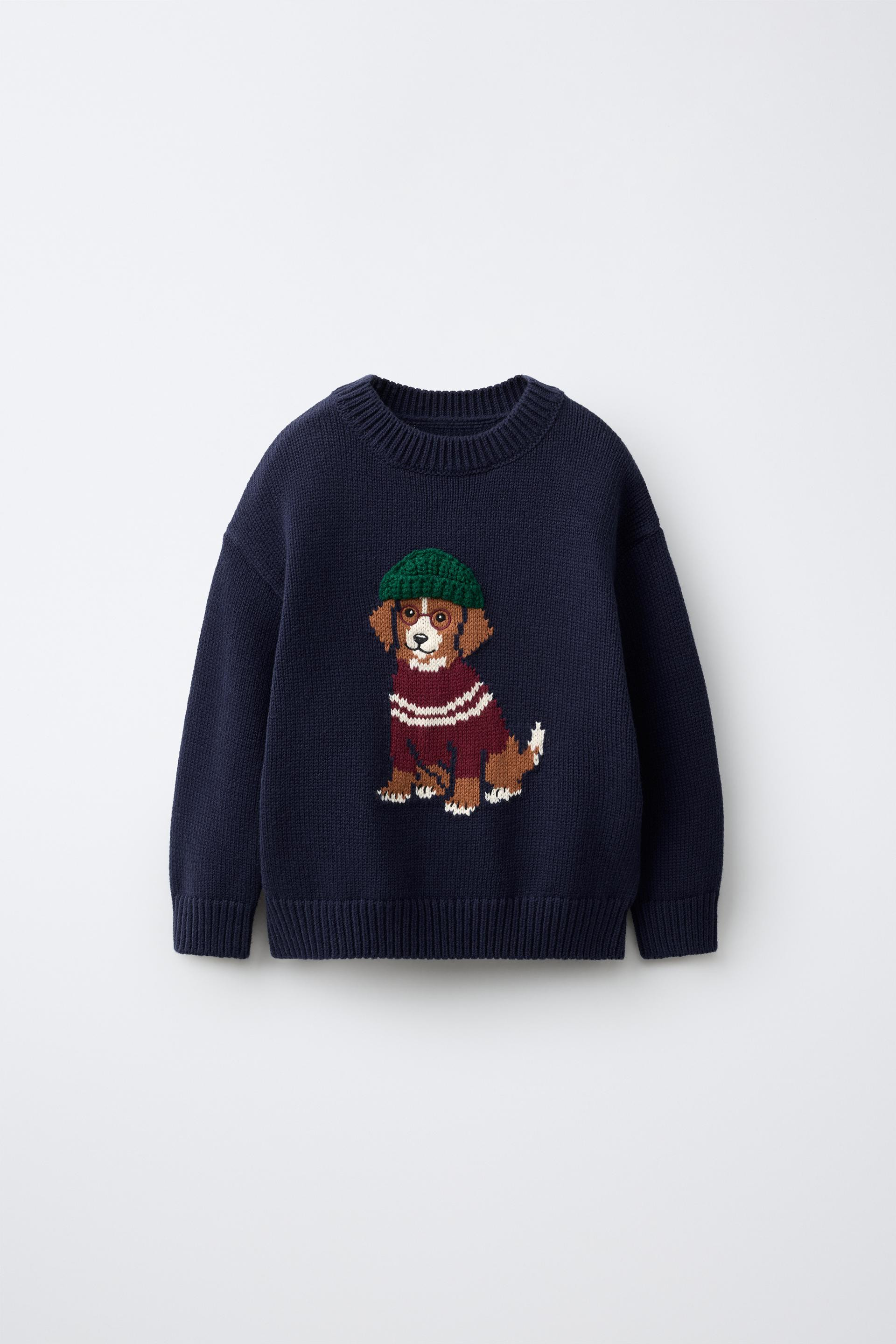 Zara - Embroidered Dog Knit Jumper - Navy Blue - 6 Years (45,2 Inches) - Kids | Zara US