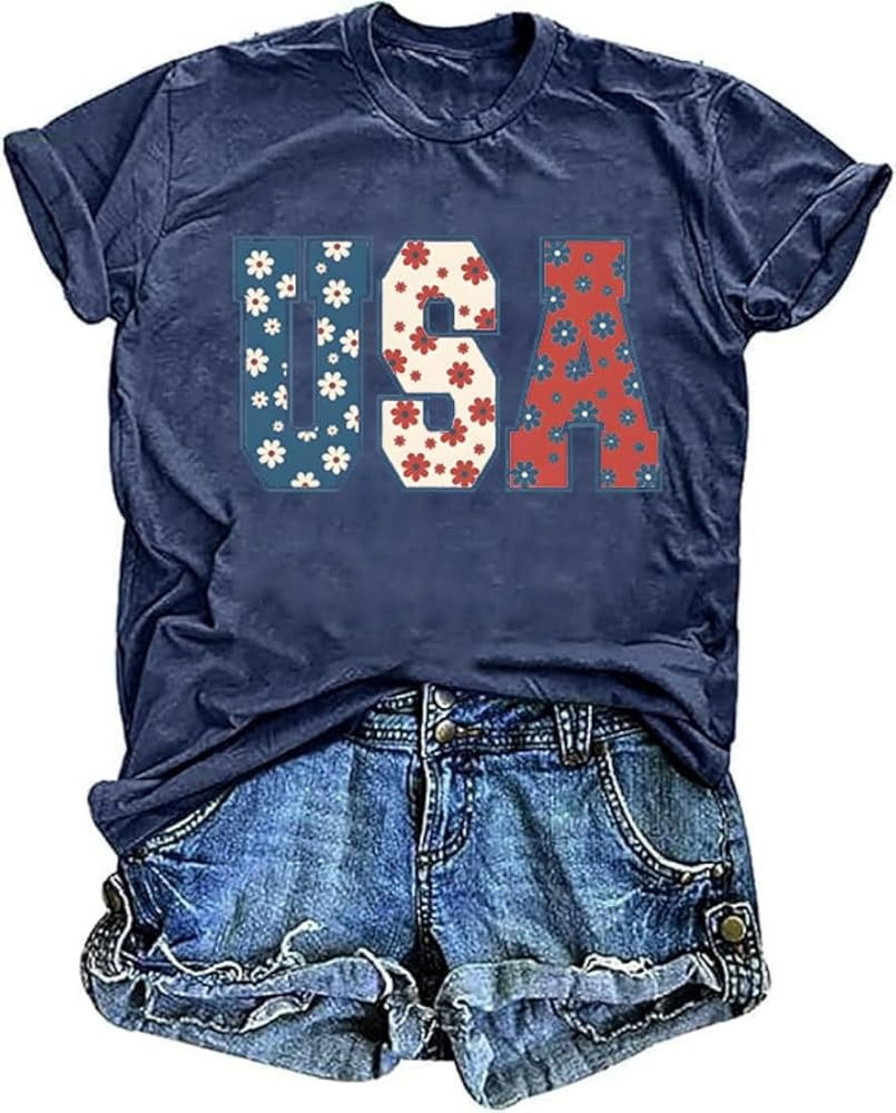 TIXOM Women's USA Floral Flowers Shirt 4th of July American Flag Graphic Tee Independence Day Sum... | Amazon (US)