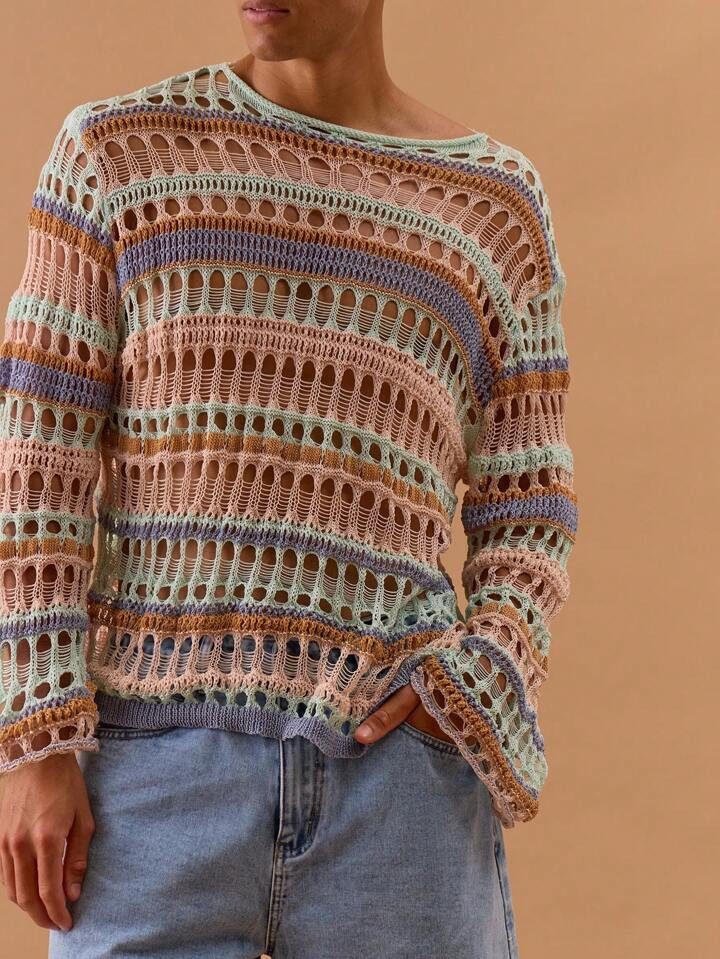 Musero Men Crochet Knit Stripe Flare Sleeve Oversized Top Spring, Summer, Holiday, Vacation | SHEIN