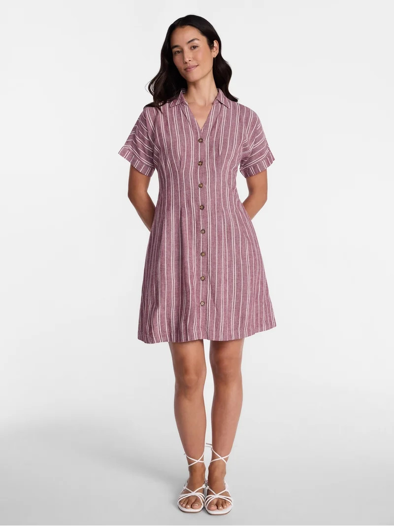 Time and Tru Women's Linen Blend Pleated Mini Shirtdress with Short Sleeves, Sizes XS-XXXL | Walmart (US)