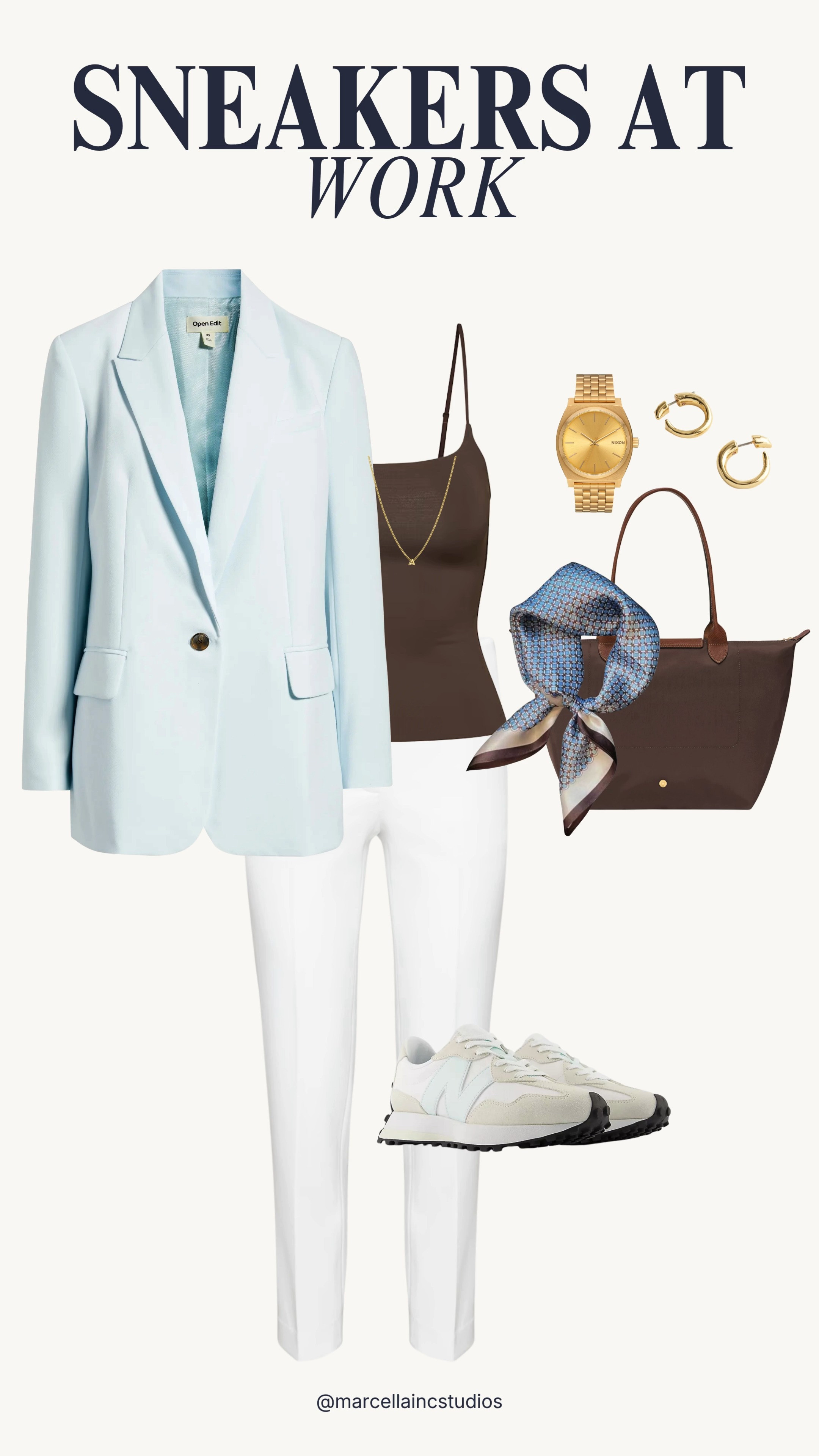 How to wear sneakers at work - light blue blazer with New Balance and white tape trouser, chocolate brown cami with matching Longchamp tote paired with gold Nixon watch and hoops. Add a chocolate brown scarf for some whimsy :) #sneakeroutfit #newbalance327 #workoutfit #businesscasual #worksneakers #ltkstyletip

#LTKootd #LTKOver40 #LTKWorkwear