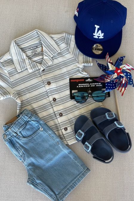 Little boys Memorial Day weekend outfit 🇺🇸 these sandals are so comfy and easy for my 4 year old to get on and off! I love how easy they are to keep clean.  This striped button up denim shorts are cute and comfy for him to play in. 

Summer outfit, kids summer outfit, little boys outfit, toddler boy outfit, Walmart, kids button up shirt, boys jean shorts, boys sunglasses, Memorial Day bbq, Fourth of July outfit, Christine Andrew 

#LTKFindsUnder50 #LTKSeasonal #LTKKids