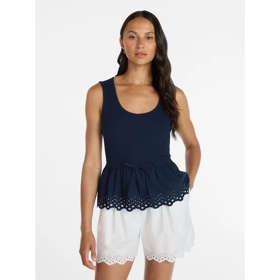 Time and Tru Women's Eyelet Trim Tank Top with Peplum Hem, Sizes XS-XXXL | Walmart (US)