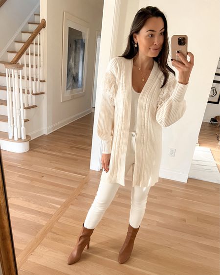 Kat Jamieson of With Love From Kat wears a cozy knit cardigan sweater for under $30 with classic white skinny jeans. More fall/winter picks under $100 below! @walmartfashion #walmartfashion #walmartpartner #sponsored 

#LTKunder50 #LTKSeasonal