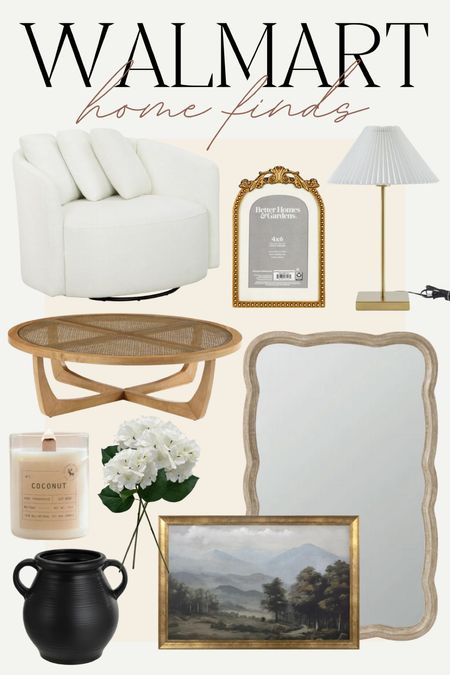 Walmart Home Finds I love!! 🤎 

White living room chair, wooden coffee table, wooden mirror, vintage art, faux florals, flowers, candles, vases, desk lamp, gold picture frames, living room decor, coffee table decor , home office decor, Walmart home finds 

#LTKhome