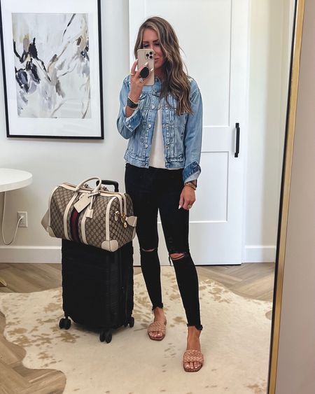Travel outfit idea 
Sandals on sale and tts
Jean jacket sz small 
Gucci overnight duffel bag
Hard sided spinner luggage 
Office decor 
Linking similar jeans and tee 



#LTKstyletip #LTKU #LTKtravel