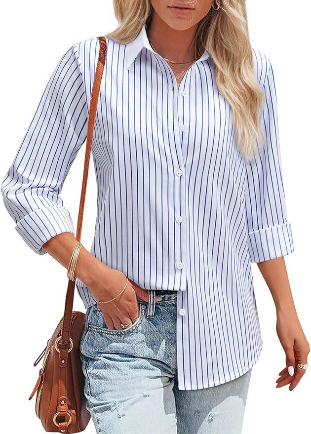 Striped Button Down Shirts for Women Cotton Dress Shirt Long Sleeve Collared Blouse Tops Business... | Amazon (US)