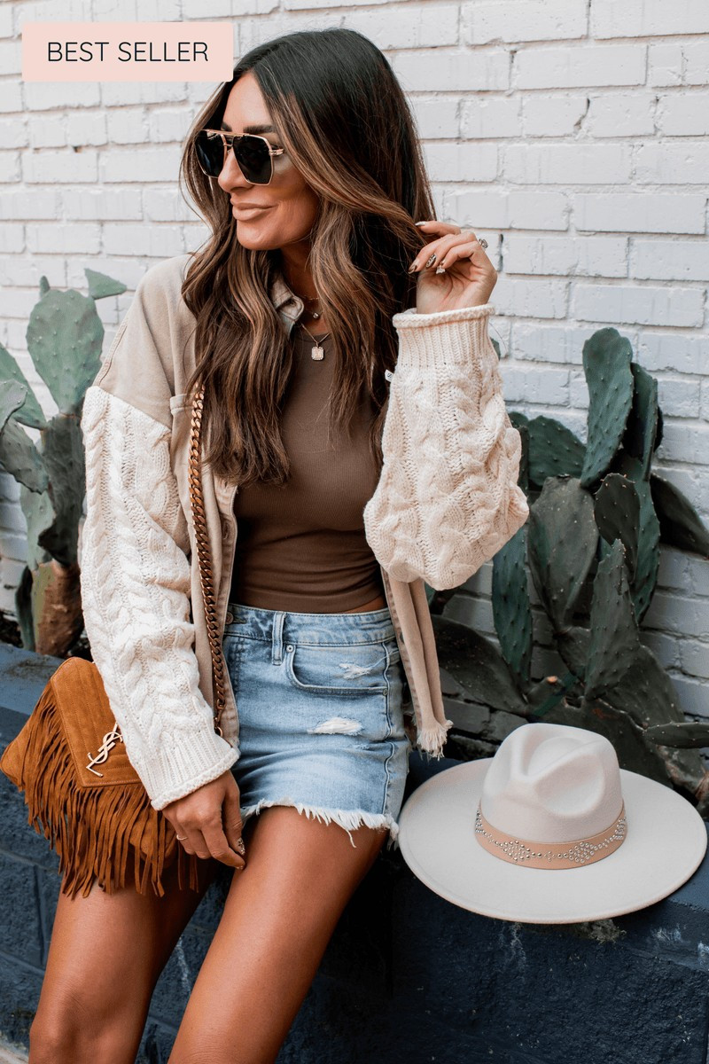 PRE-ORDER: Weekends In Washington Knit Sleeved Denim Jacket- 2 Colors | Apricot Lane Boutique