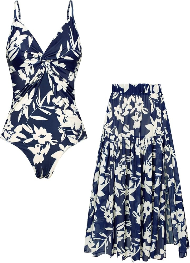 GRACE KARIN Women's One Piece Swimsuits with Cover Up Skirt Tummy Control V Neck Bathing Suits | Amazon (US)