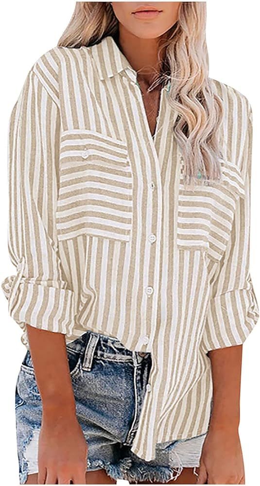 Women's Striped Button Up Blouse Trendy Business Tops Dressy Soft Cotton Linen Tops Casual Long S... | Amazon (US)