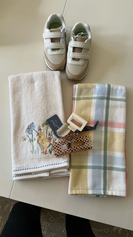 A few spring target finds — checkered hair clip with mini hair clips, plaid, chick and bunny hand towels, neutral toddler sneakers

Not pictured set of stud earrings

#LTKSeasonal #LTKkids #LTKhome