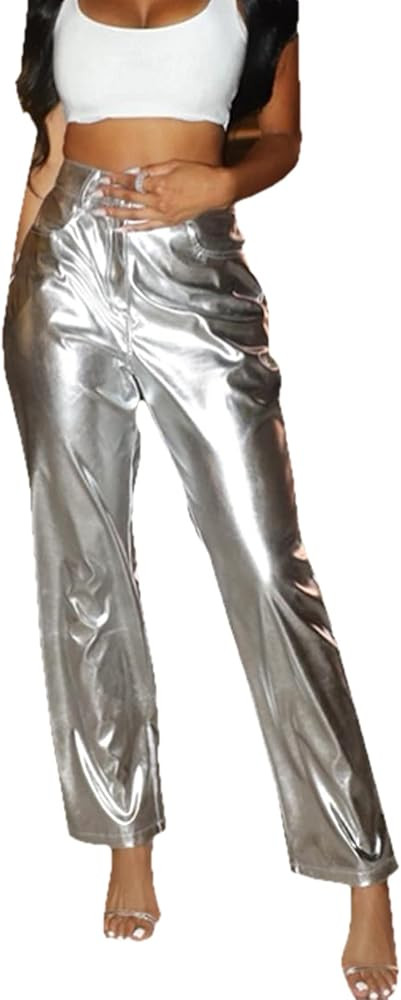 Women's Shiny Metallic Rave Pants Straight Leg Faux Leather High Waist Pants with Po... | Amazon (US)