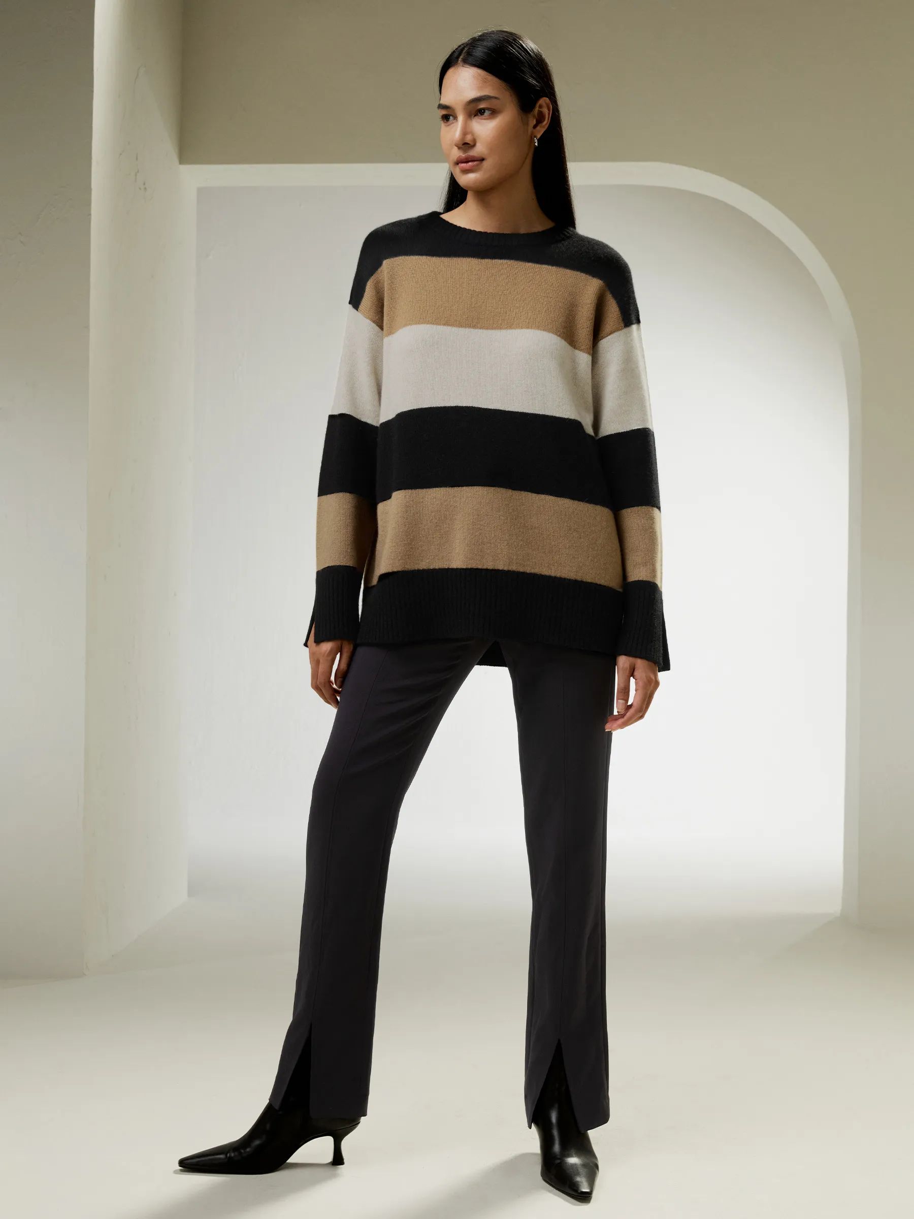 Tri-colored Stripe Cashmere Sweater | LilySilk