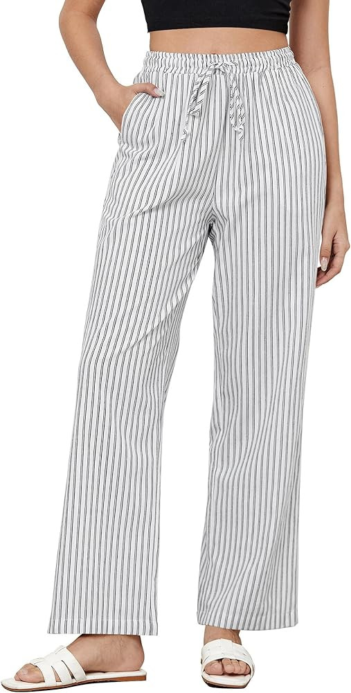 GRAPENT Striped Pants for Women High Waisted Wide Leg Cotton Linen Trendy Beach Pull On Elastic W... | Amazon (US)